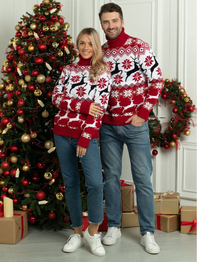 Christmas Couple Elk Jacquard Turtleneck Sweater