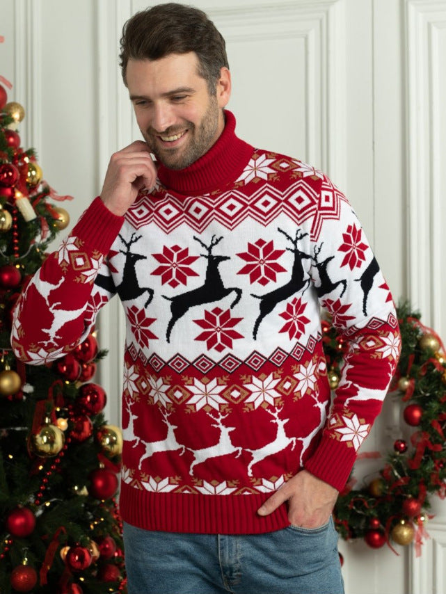 Christmas Couple Elk Jacquard Turtleneck Sweater