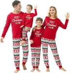 Family wearing matching red Christmas pajamas with 'Best Christmas Ever!' text on a white background.