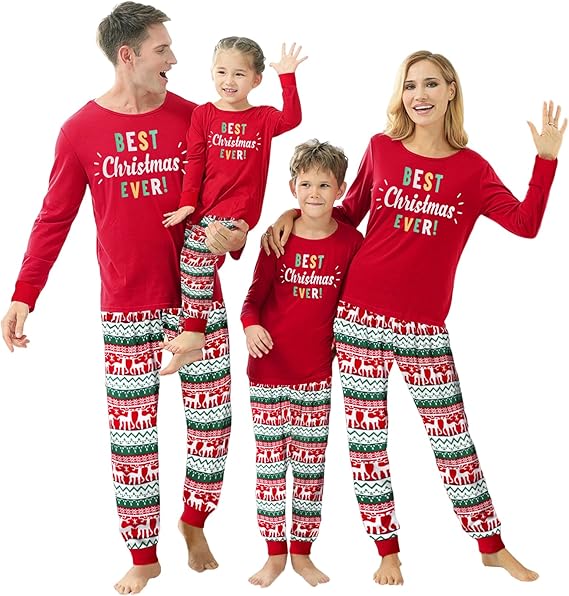 Family wearing matching red Christmas pajamas with 'Best Christmas Ever!' text on a white background.