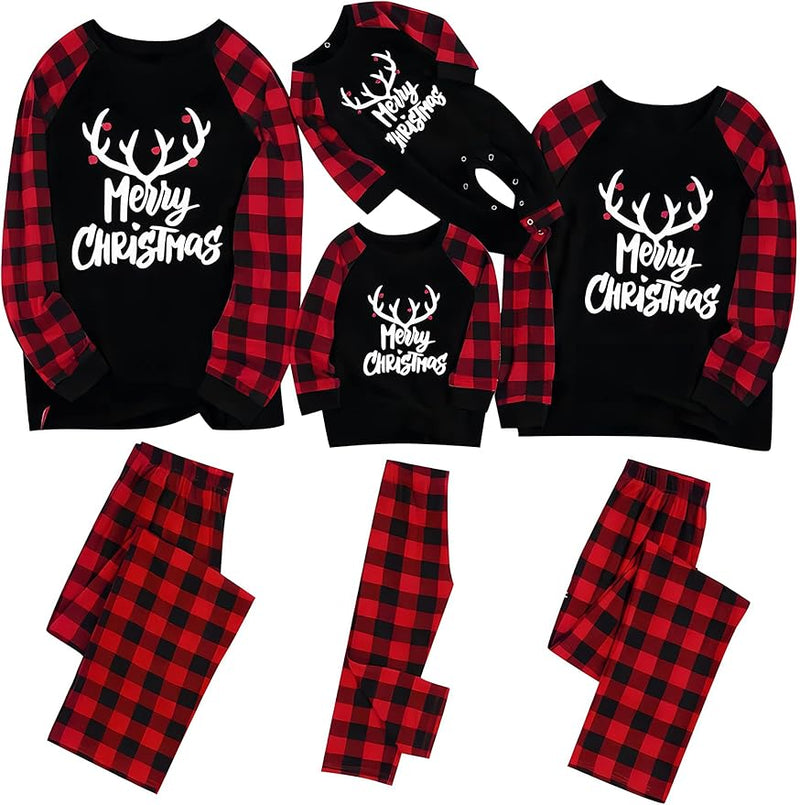 Red and black plaid Christmas-themed family pajama set with 'Merry Christmas' text.