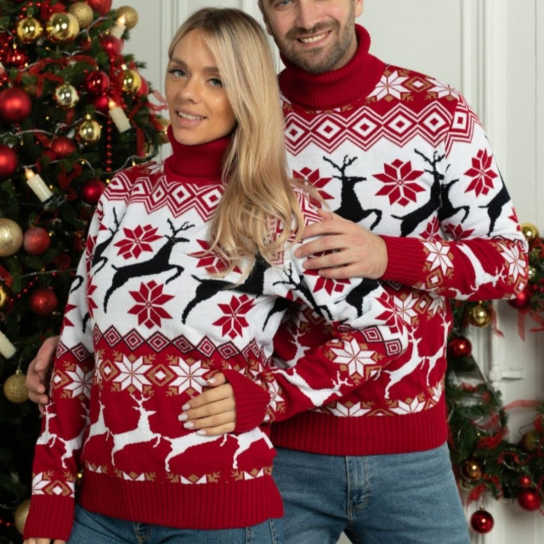 Christmas Couple Elk Jacquard Turtleneck Sweater