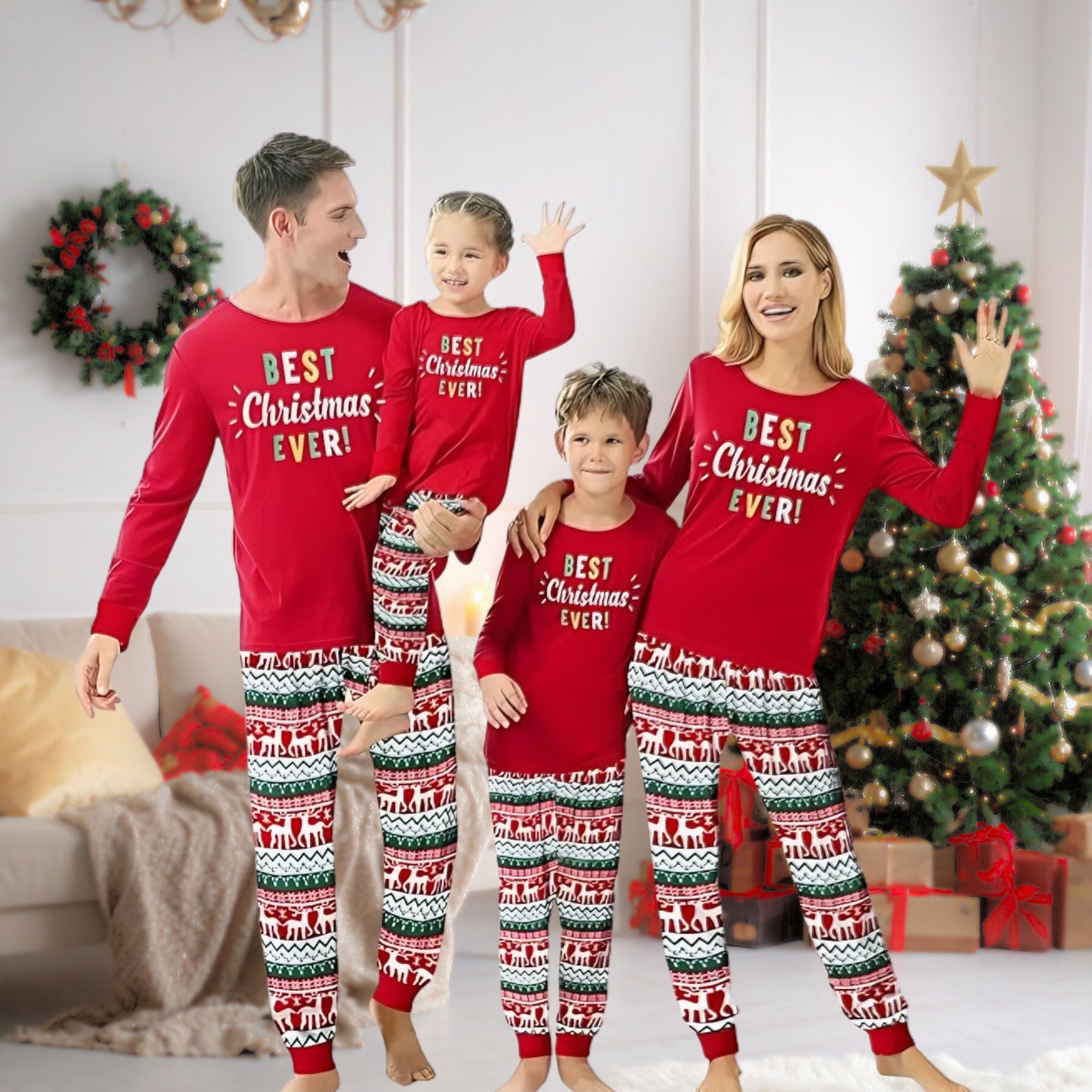 Family of four wearing matching red Christmas pajamas with 'Best Christmas Ever!' text, standing in a living room with a decorated Christmas tree.